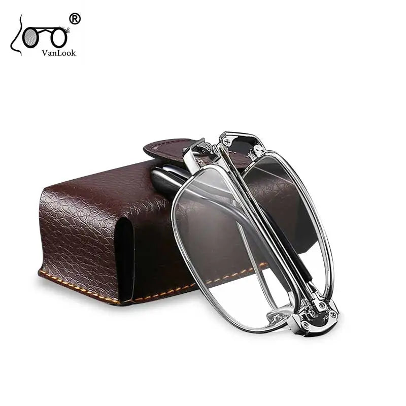 Foldable Reading Glasses Men Metal Rectangle Eyeglasses Frames Crystal Optics Lens Women Spectacle With Case VANLOOK 2020